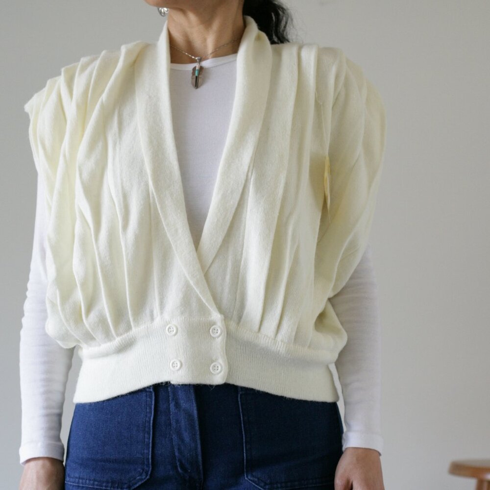 Vintage Dead Stock Cream Sleeveless Cardigan Sweater/Pleated Vest